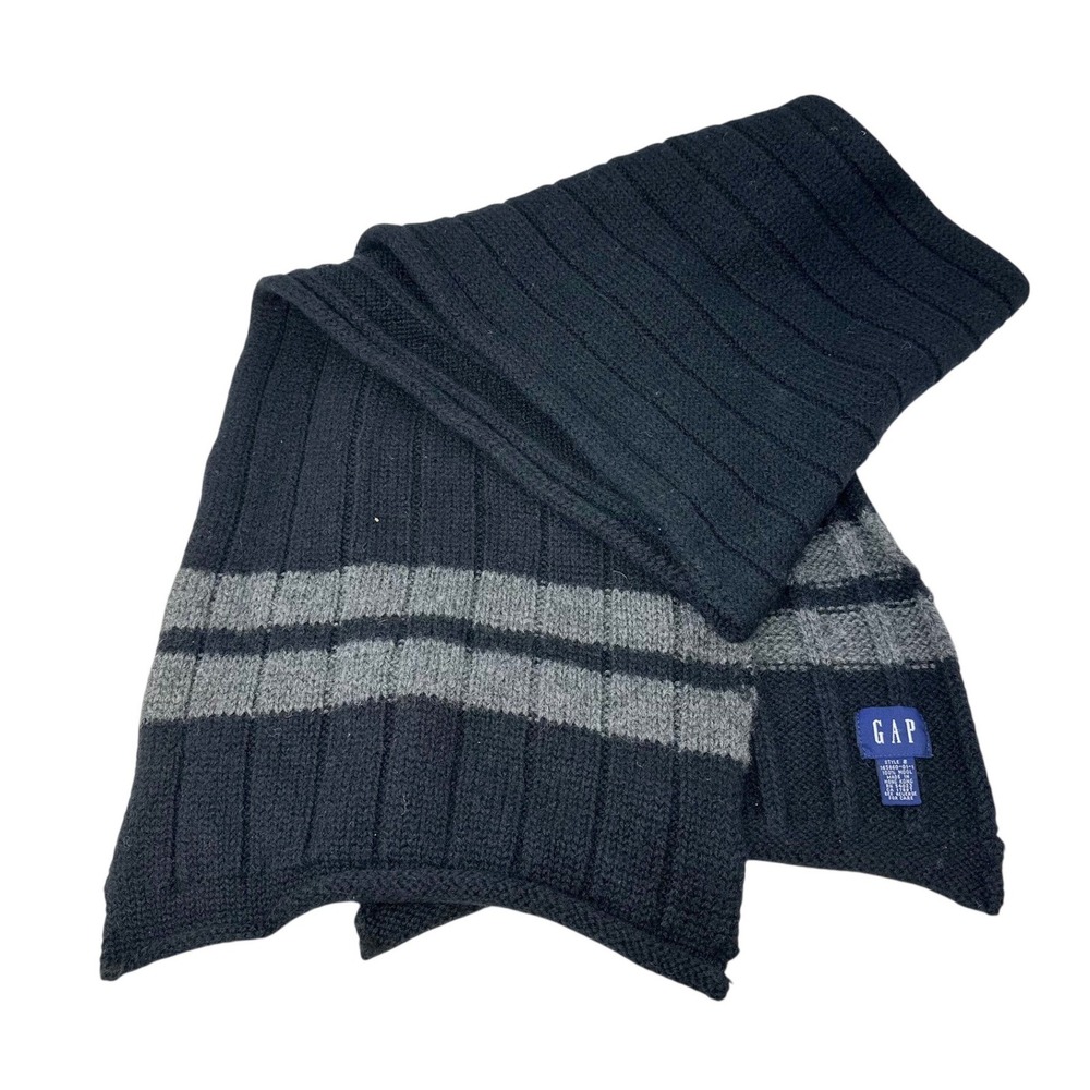 Vintage Gap Chunky Knit Wool Scarf Black Grey Stripe